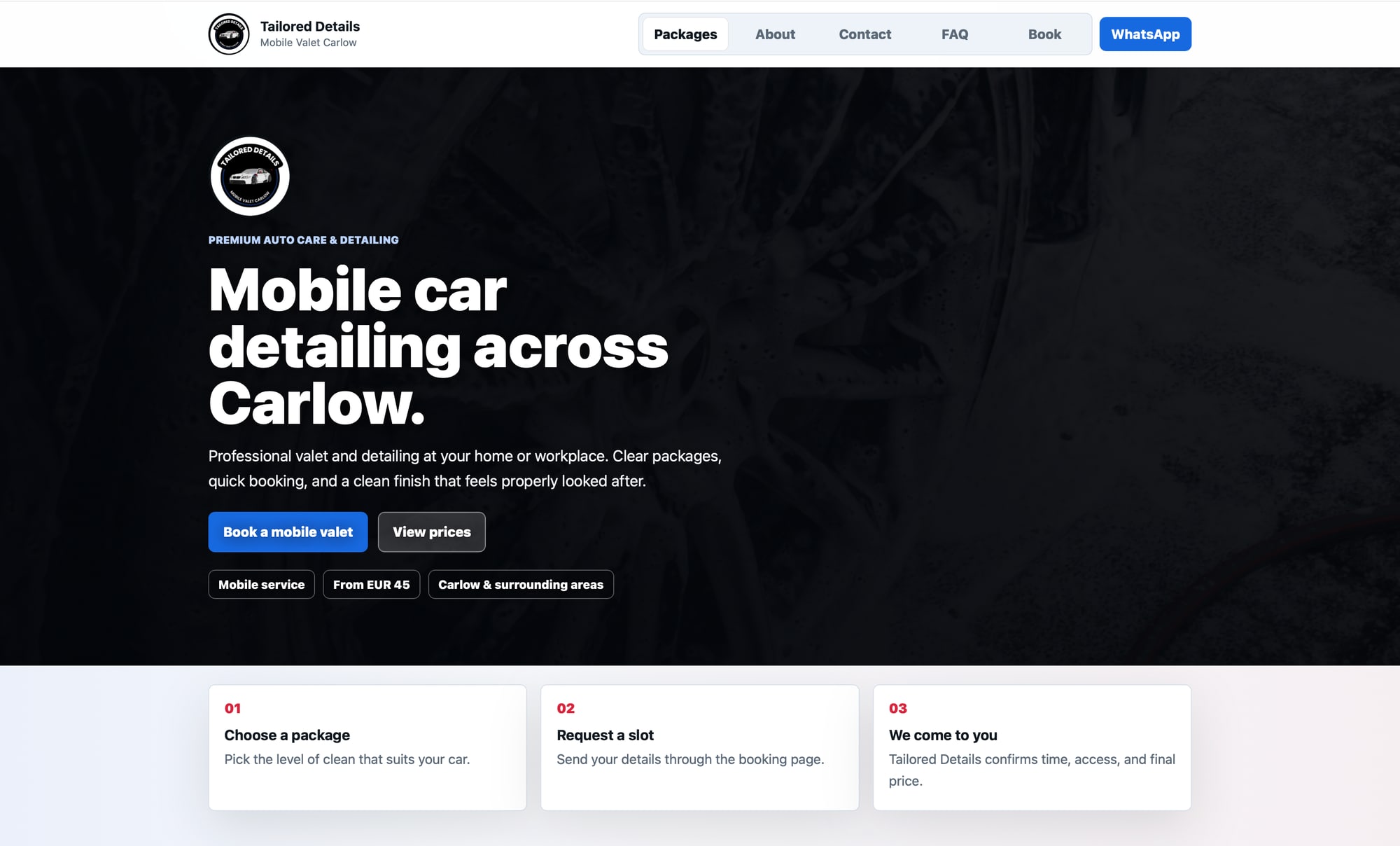 Tailored Details desktop homepage showing the mobile car detailing hero section