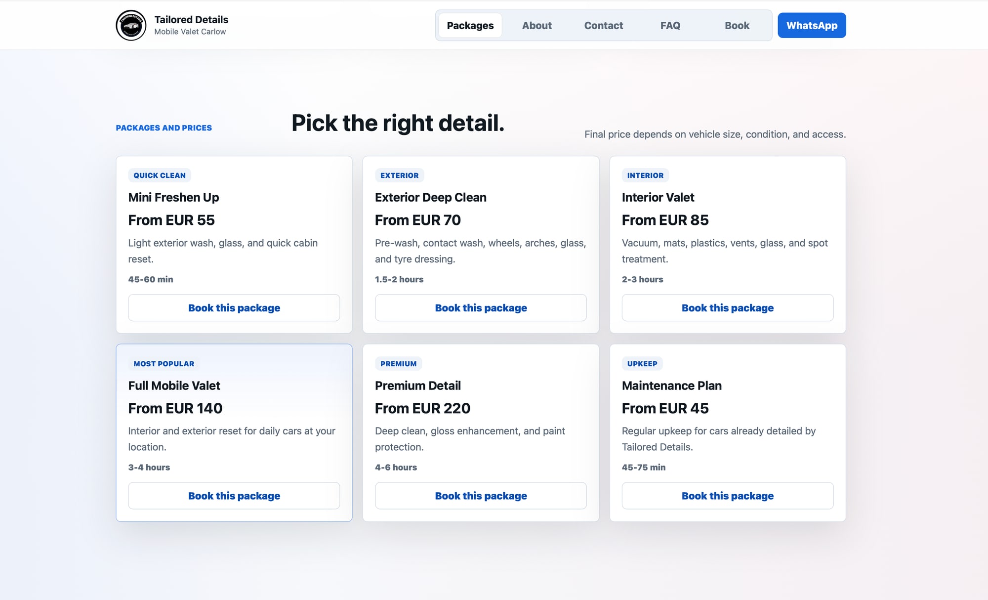 Tailored Details desktop packages and pricing section