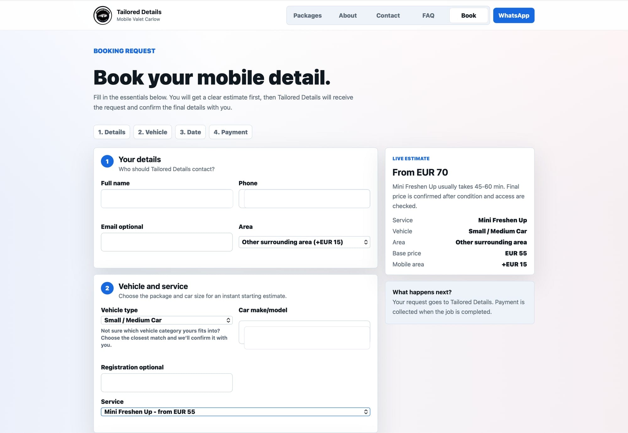 Tailored Details desktop booking request form with live estimate