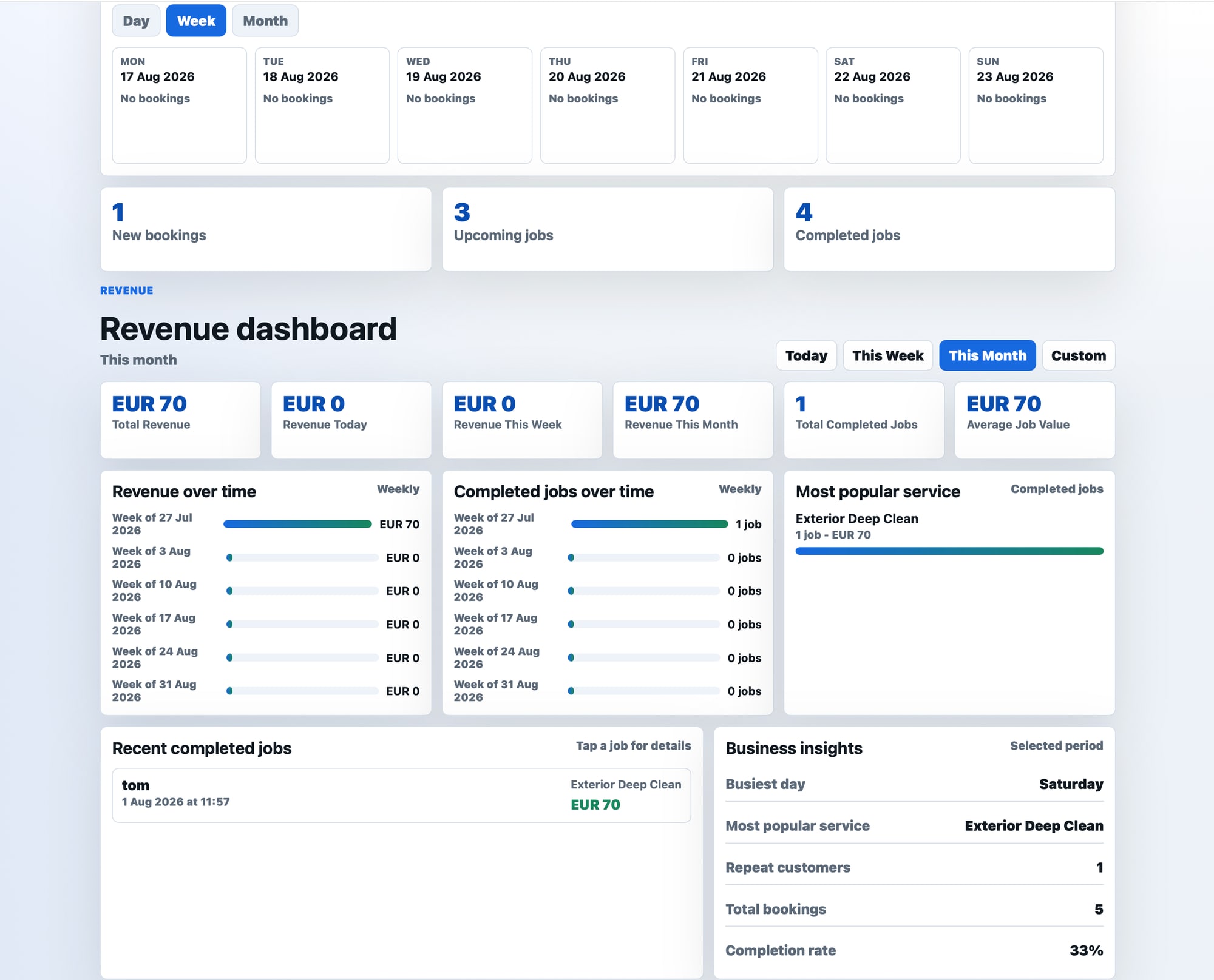 Tailored Details desktop owner dashboard with revenue and booking overview