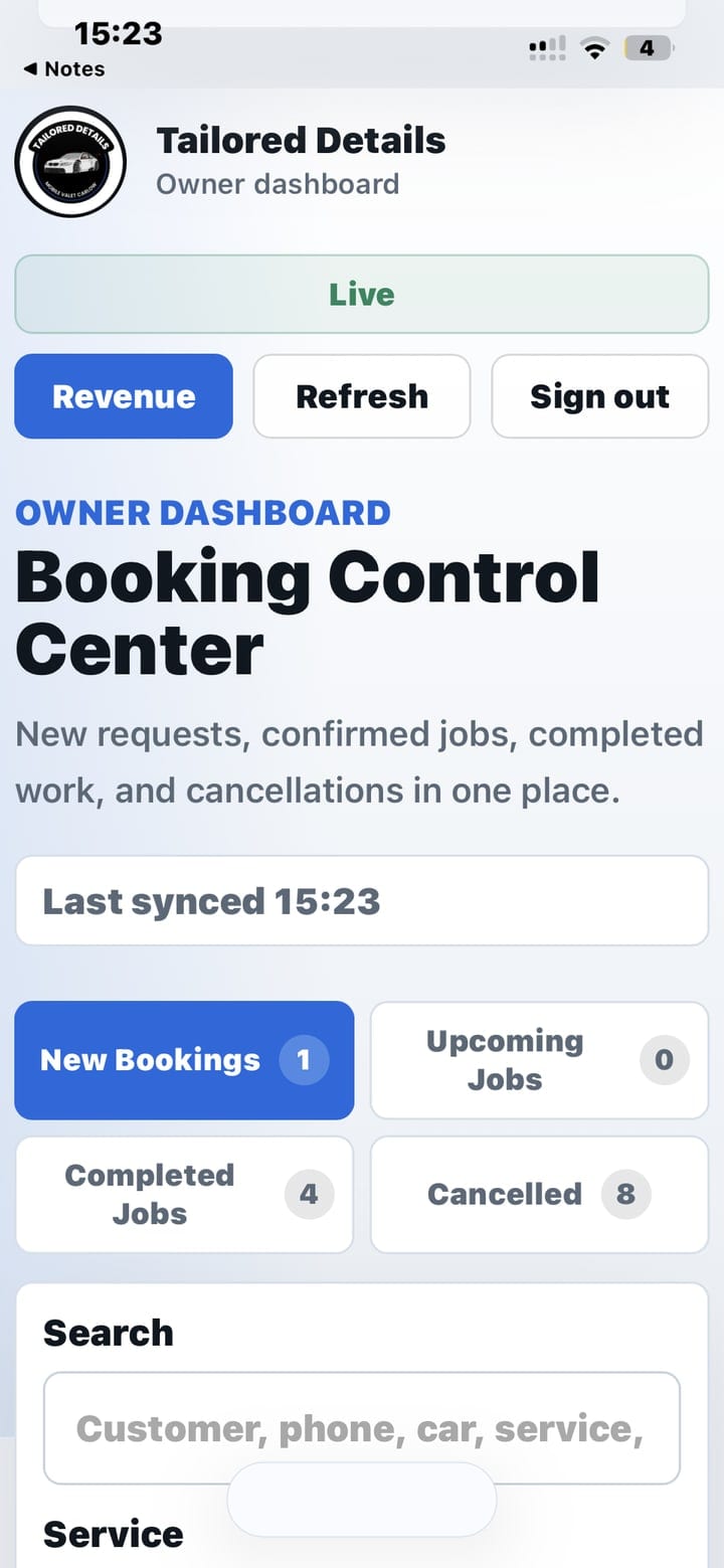 Tailored Details owner dashboard on iPhone showing booking controls