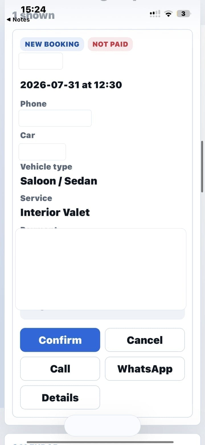 Tailored Details mobile booking card with confirm, cancel, call and WhatsApp actions