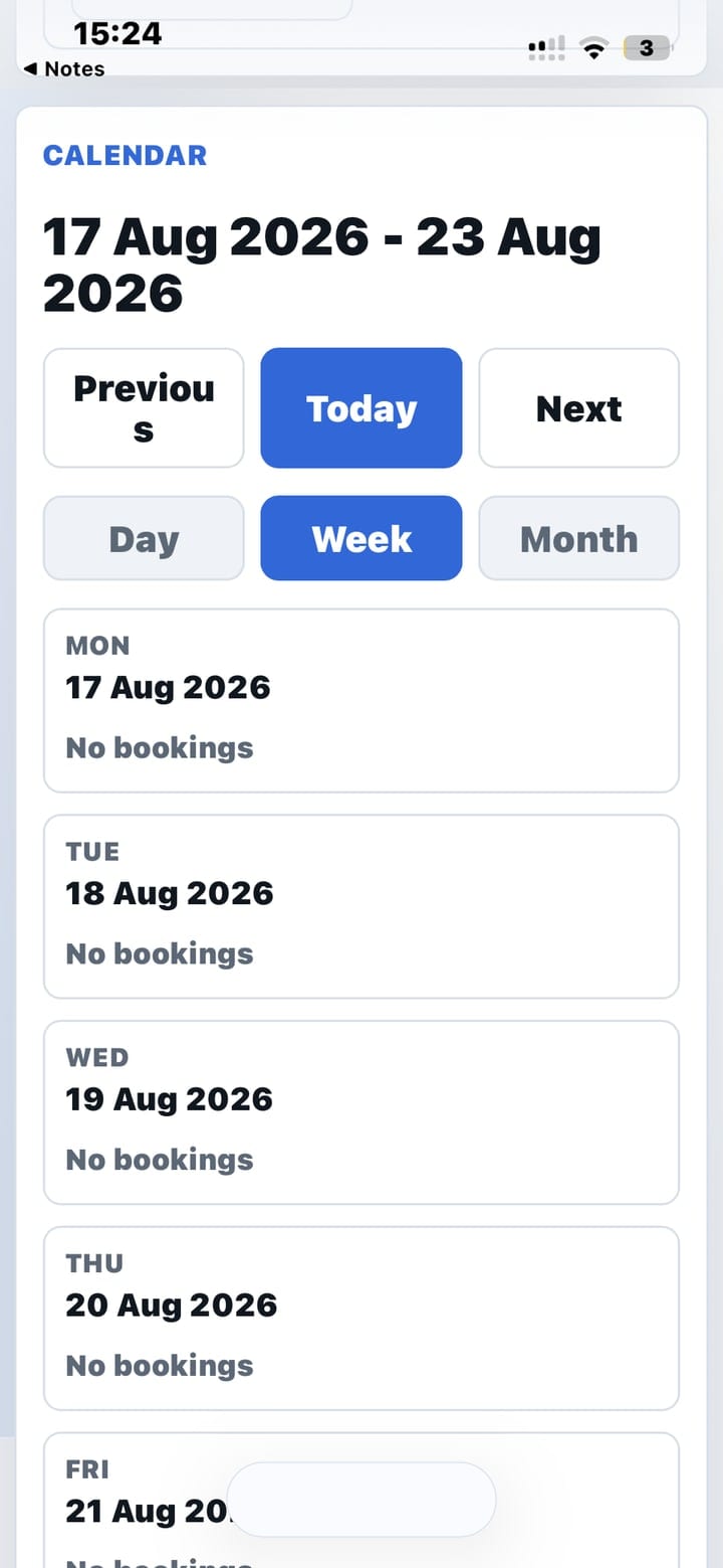 Tailored Details mobile owner dashboard calendar week view