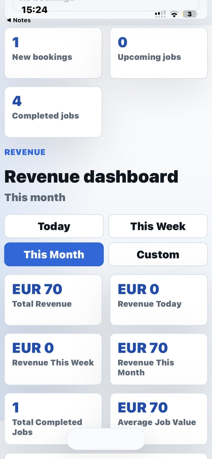 Tailored Details mobile revenue dashboard summary cards
