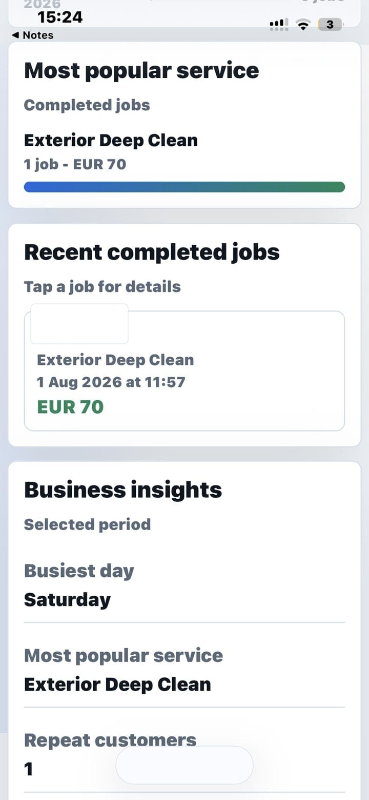 Tailored Details mobile recent completed jobs and business insights